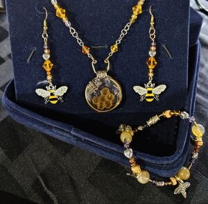 Bee Charm Necklace and Earrings Set - Amber Gold Tones